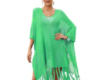 O-Neck Half Sleeve Side Split Tassel Hem Cover Up Dress Summer See-through Hollow Sunscreen Dress Beachwear-Green