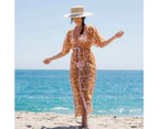 Long Sleeve Front Lace-up High Waist Cover Up Coat Flower Leaves Print Thin Bikini Cover Up Beachwear-Yellow