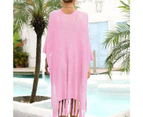 O-Neck Half Sleeve Side Split Tassel Hem Cover Up Dress Summer See-through Hollow Sunscreen Dress Beachwear-Pink