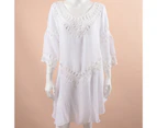 V-neck 3/4 Sleeve Flowy Hem See-through Sunscreen Dress Crochet Hollow Backless Swimwear Cover Up Beachwear-White
