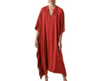 Swimsuit Cover Up Solid Color Hollow Out V-neck Loose Half Sleeves Beachwear Irregular Hem Elegant Swimwear Beach Dress Women Clothes-Red
