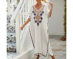 V-neck Batwing Sleeves Loose Fit Robe Dress Sunscreen Cool Retro Embroidery Print Cover Up Dress Beach Clothing-White