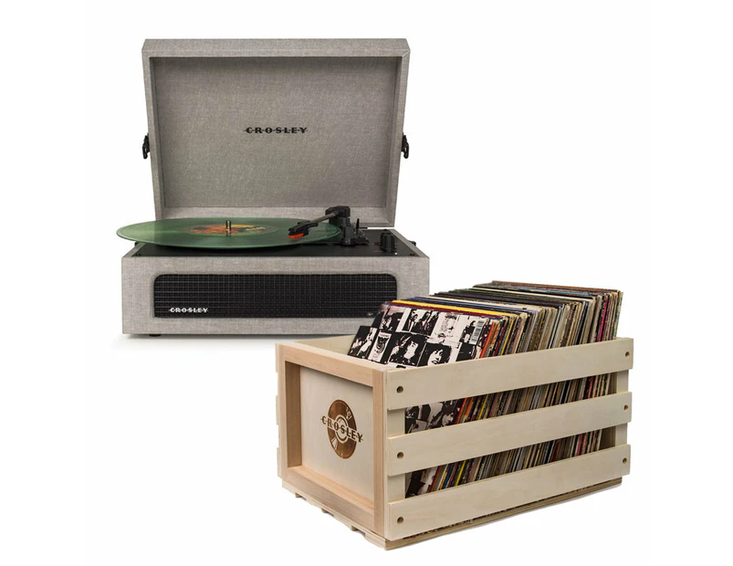 Crosley Voyager Bluetooth Portable Turntable - Grey + Bundled Record Storage Crate