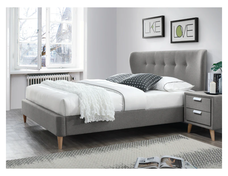 Rossetti Grey Fabric Queen Size Bed Frame/Timber Legs