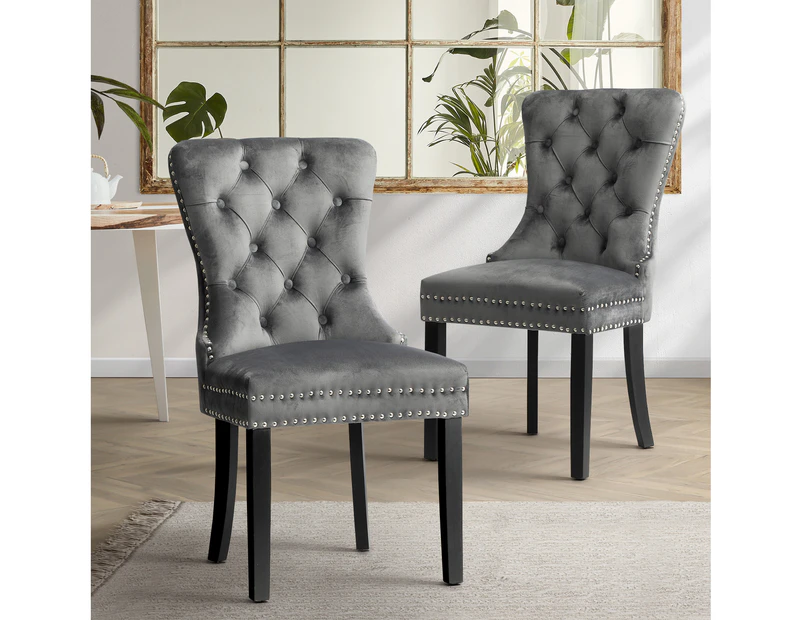 Oikiture 2x Velvet Dining Chairs Upholstered French Provincial Tufted Grey