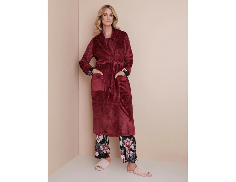 NONI B - Womens Bath Robe - Piping Detail Tie Waist Robe - Beet Red