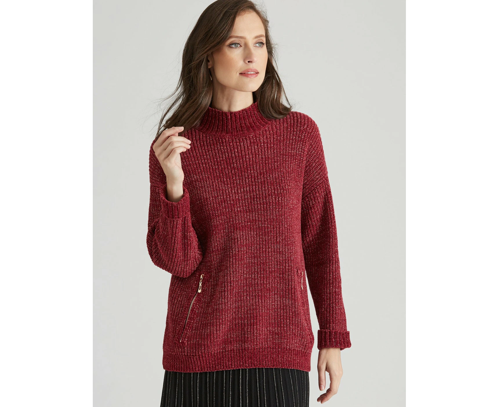 NONI B - Womens Jumper -  Chenille Lurex Zip Knitwear Jumper - Anemone