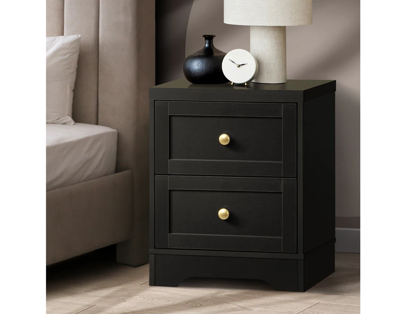 Oikiture Bedside Tables 2 Drawers Hamptons Furniture Storage Cabinet Black - Black