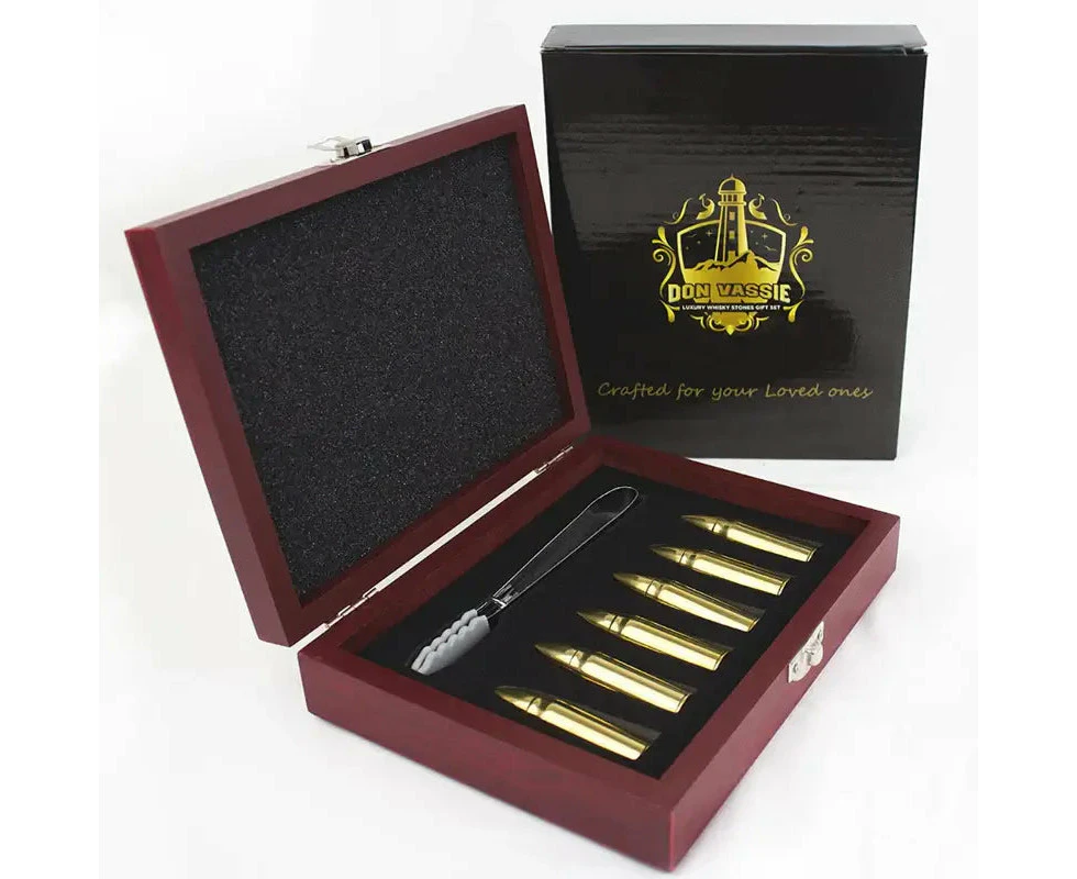 Don Vassie XL Gold Whisky Bullet Chillers 6 Pieces with Tong and a Luxury Wooden Box