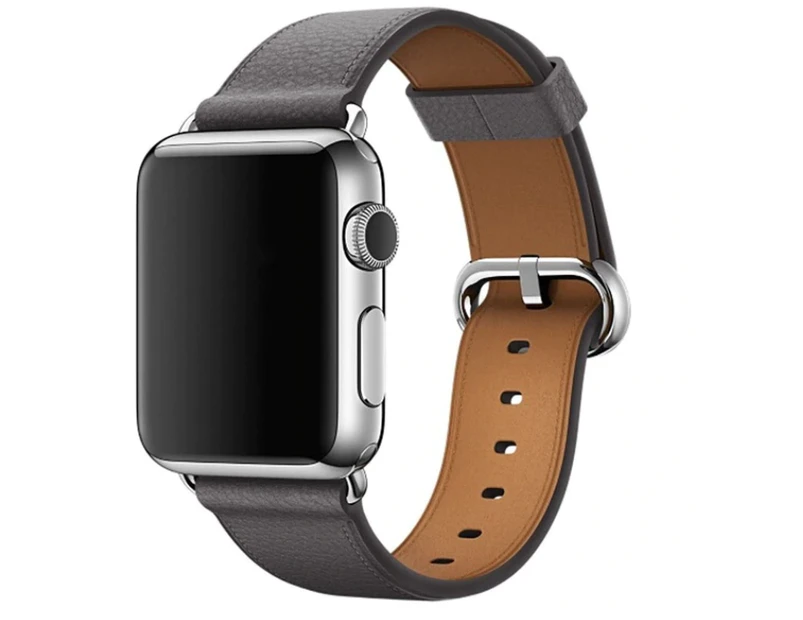 For Apple Watch Series 8 7 6 5 4 3 2 1 Leather Watch Band Strap Bracelet+Classic Buckle - Grey