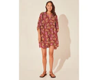 Women's Short Sleeve Floral Bohe Dress Fashion Loose Fit Summer Beach Dress for Women-Wine Red