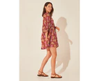 Women's Short Sleeve Floral Bohe Dress Fashion Loose Fit Summer Beach Dress for Women-Wine Red