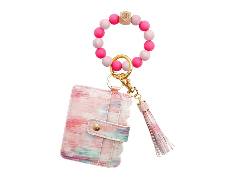 Luminous Silicone Keyring Bracelet Beaded Wrislet Keychain for Women Girl Card Wallet Car Keys Chain Holder Bangle Key-Color-Pink