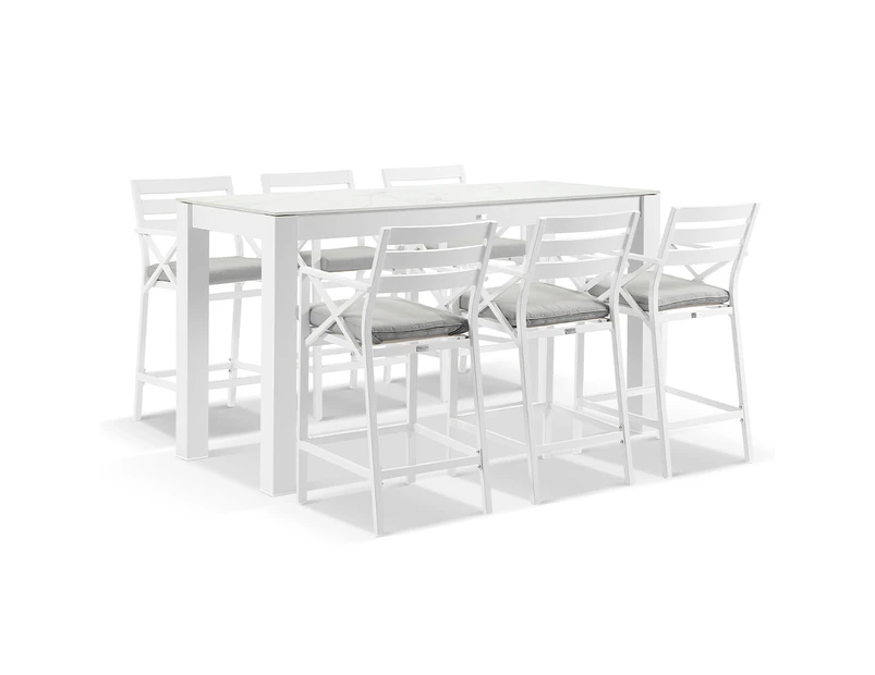 Hugo Outdoor Ceramic 2m Rectangle Aluminium Bar Table with 6 x Kansas Bar Stools - Outdoor Dining Settings - White