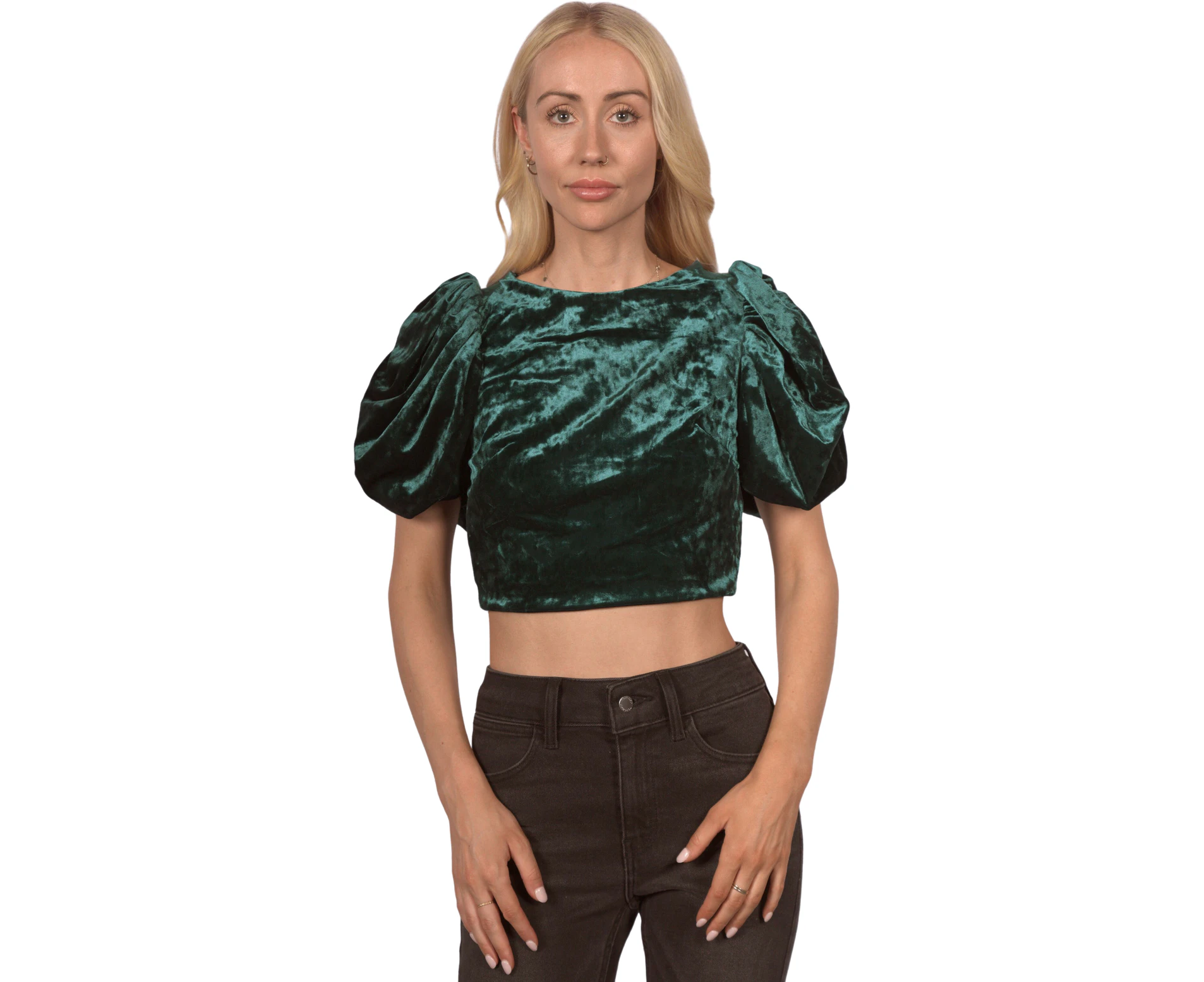 Topshop Women's Cropped Velvet Balloon Sleeve Blouse in Emerald Green