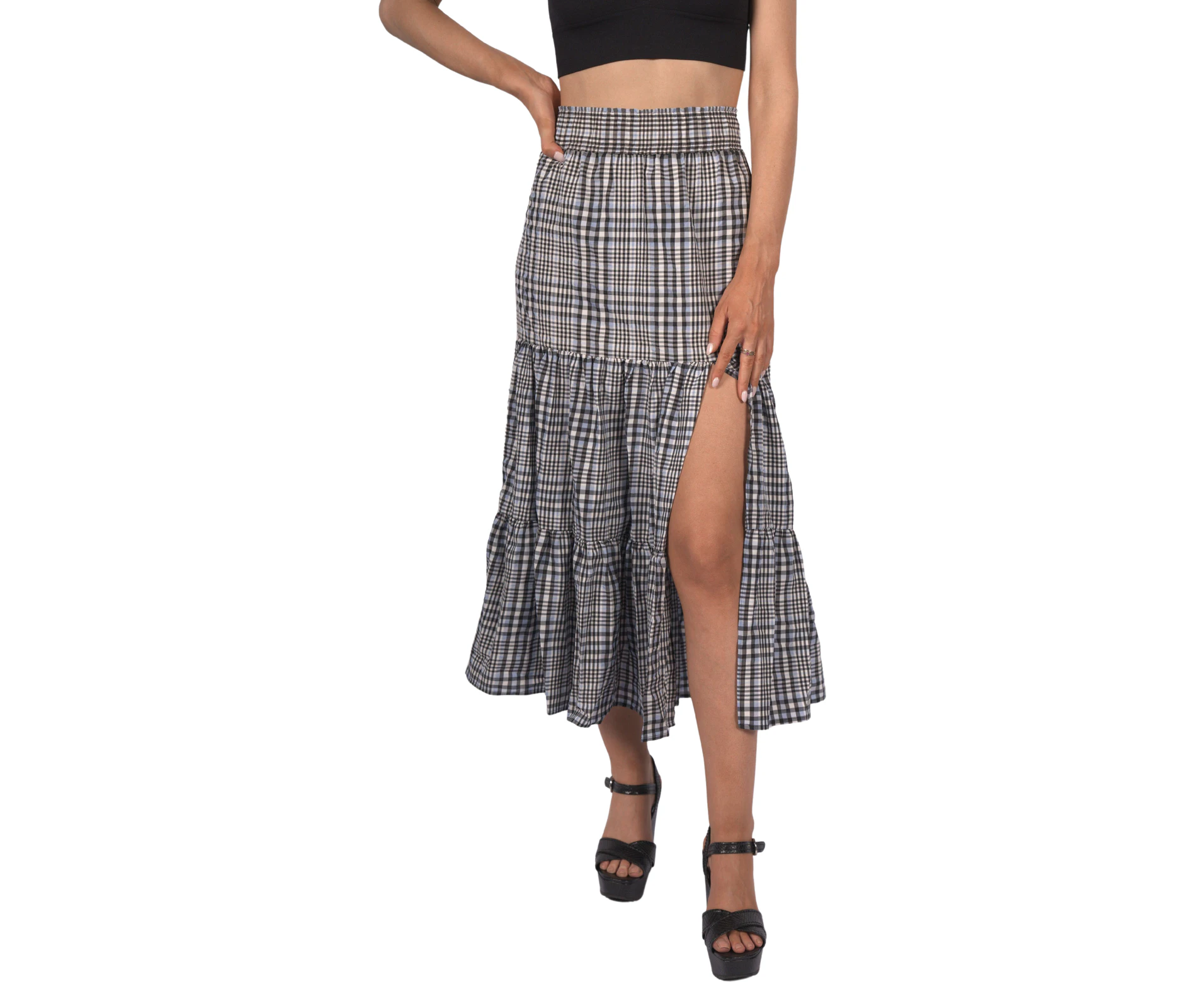 Topshop Women's Gingham Split Midi Skirt - Black, White & Blue