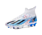 Men's Soccer Shoes TF/FG High Ankle Spike Grass Training Sports Football Boots -Blue