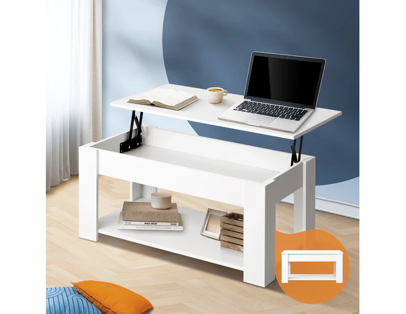 Oikiture Coffee Table Lift Up Top Modern Tables Hidden Book Storage White - White