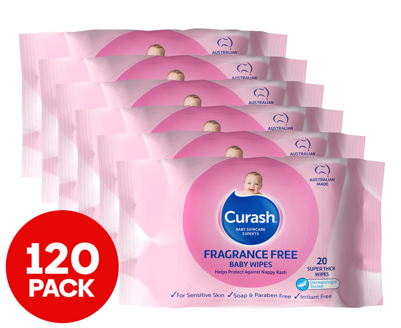 6 x 20pk Curash Fragrance Free Baby Wipes