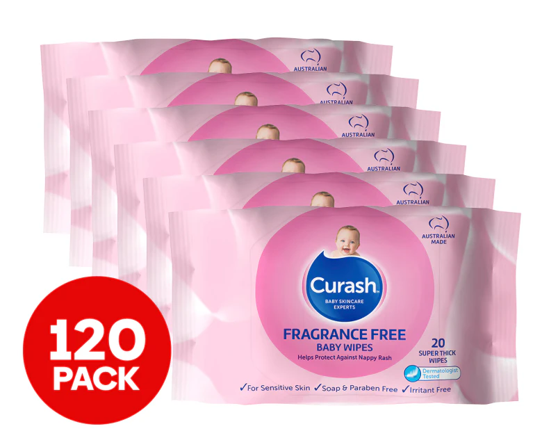 6 x 20pk Curash Fragrance Free Baby Wipes