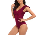 Women V-neck One Piece Swimsuits Sexy Frilled Swimwear Summer Bathing Suits for Women-Red
