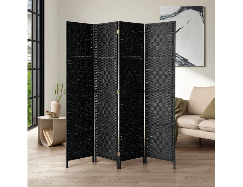 Oikiture 4 Panel Room Divider Screen Privacy Dividers Woven Wood Folding Black - Black