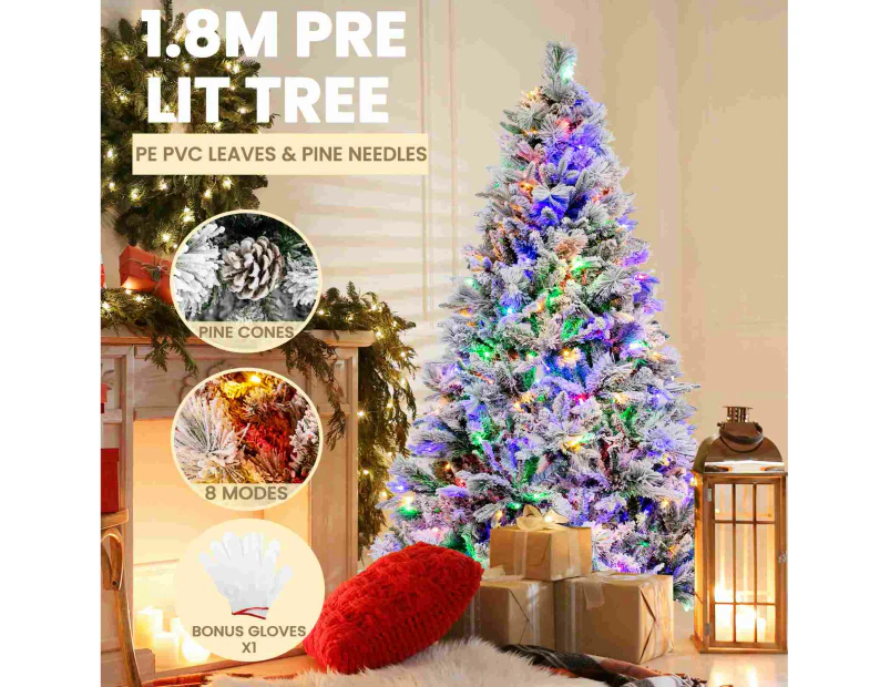 Costway 1.8M Pre-Lit Snow Flocked Christmas Tree Hinged Xmas Decor 8 Lighting Modes