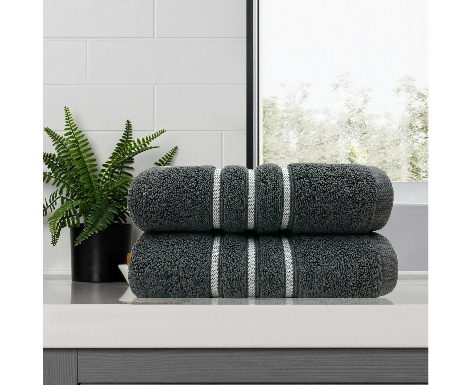 Amor Classic Bath Towel 2 Pcs Dobby Stripe Super Soft Premium Cotton - Charcoal