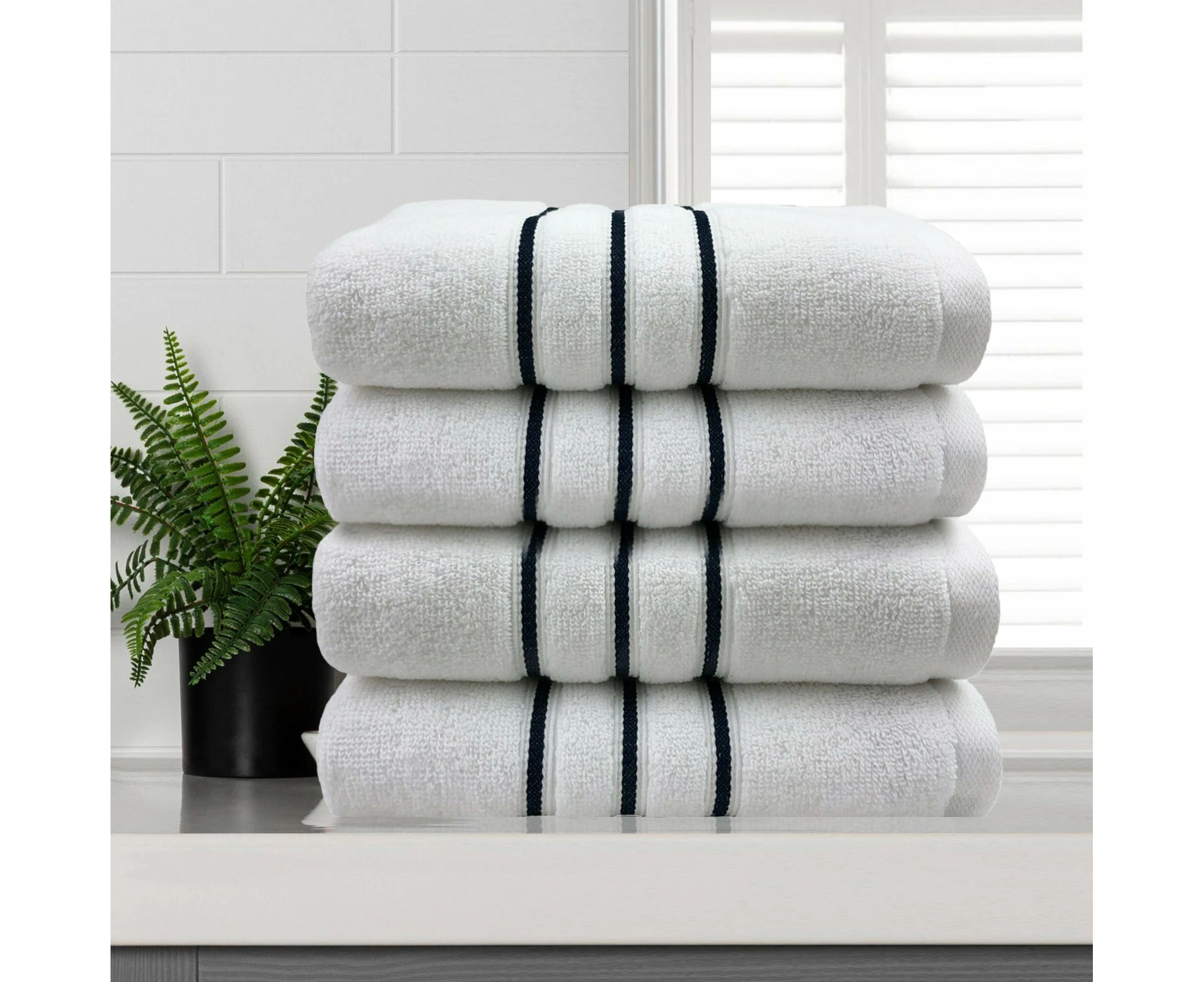 Amor Classic Hand Towel 4 Pcs Dobby Stripe Super Soft Premium Cotton - White