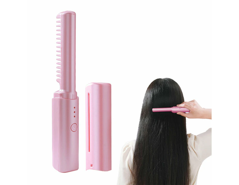 Portable Hair Straightener Comb Rechargeable Mini Hair Straightener Pink