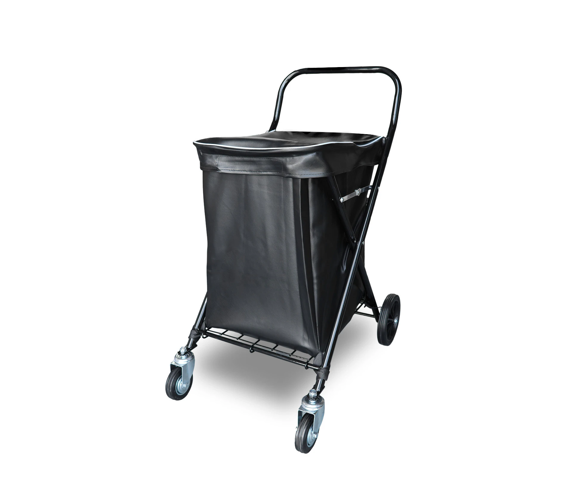 Shopping Trolley Foldable Carbon Steel Grocery Cart With Leather Waterproof Bag - Black