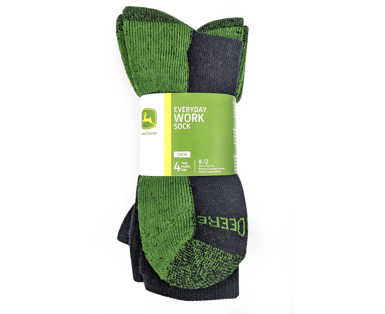 4 Pairs John Deere Black/Green Crew Comfort Work Socks Size 8-12 LP73317-JD - Black/Green