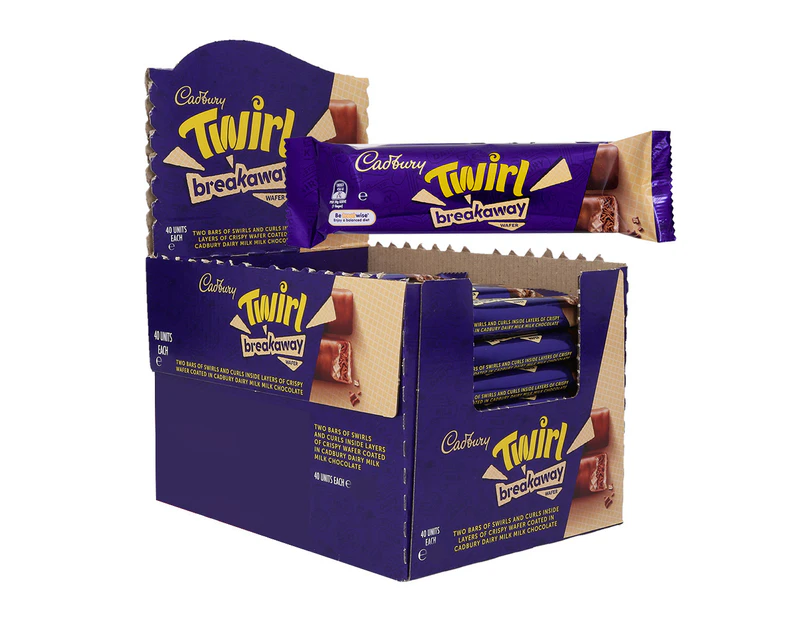 40pc 58g Cadbury Twirl Breakaway Wafer Chocolate Confectionery Snack Bars Box