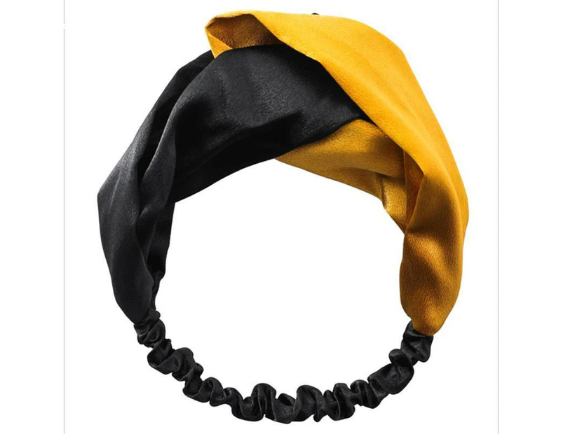 Women Chiffon Floral Print Headband Fashion Bohemian Elastic Cross Hair Bands - Black+Yellow