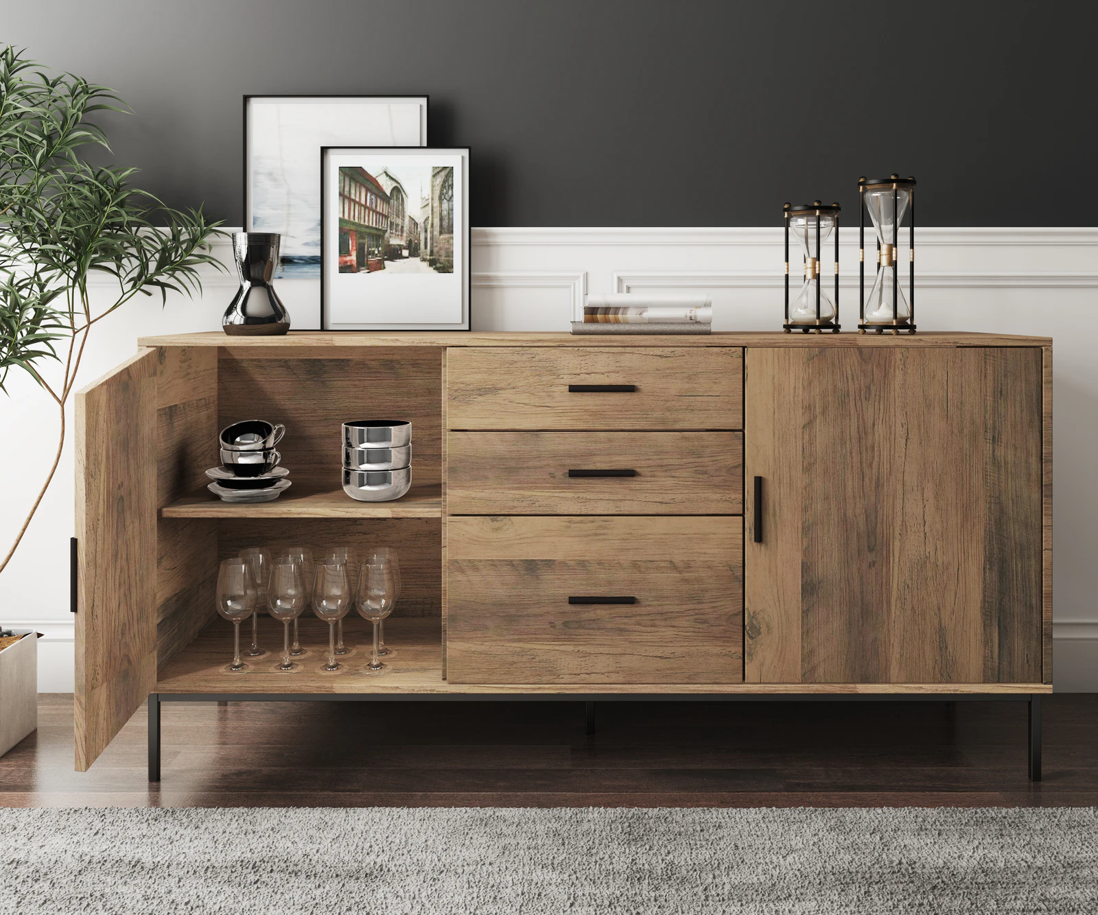 Cosmoliving Buffet Sideboard Console Tables Cabinet Storage 2 Doors 3 Drawers Large Sideboard 140 cm