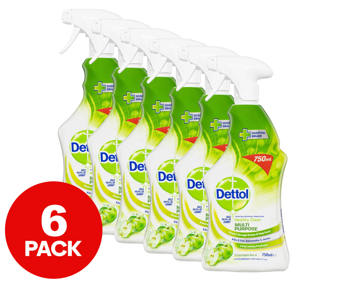 6 x Dettol Healthy Clean Multipurpose Spray Crisp Apple Burst 750mL