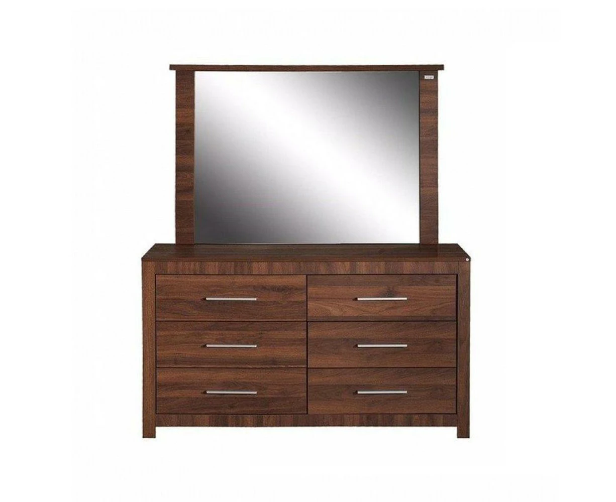 Design Square Modern 6-Drawer Dresser LowBoy Sideboard Buffet Unit With Mirror - Walnut