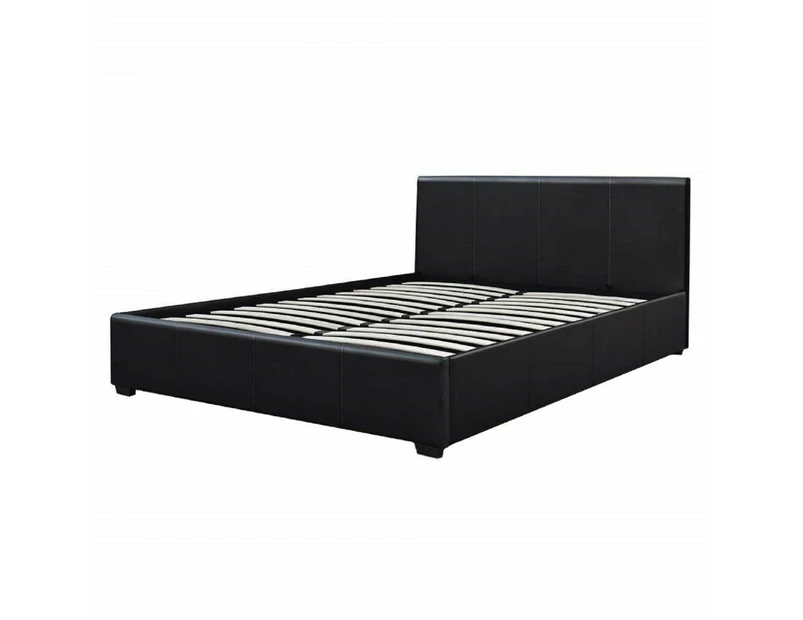 Modern Designer Gas Lift PU Leather Double Bed Frame With Headboard - Black - Black