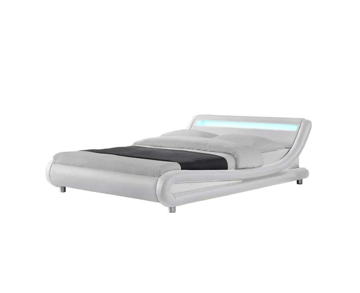 Design Square Modern Designer Double PU Leather Bed Frame With LED Light - White