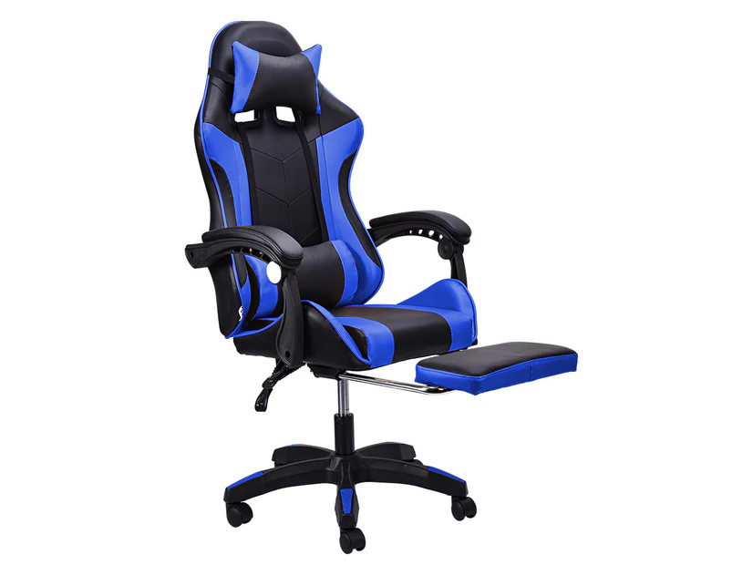 Furb Gaming Chair Leather Footrest Executive Office Chair Lumbar Support With Headrest Blue