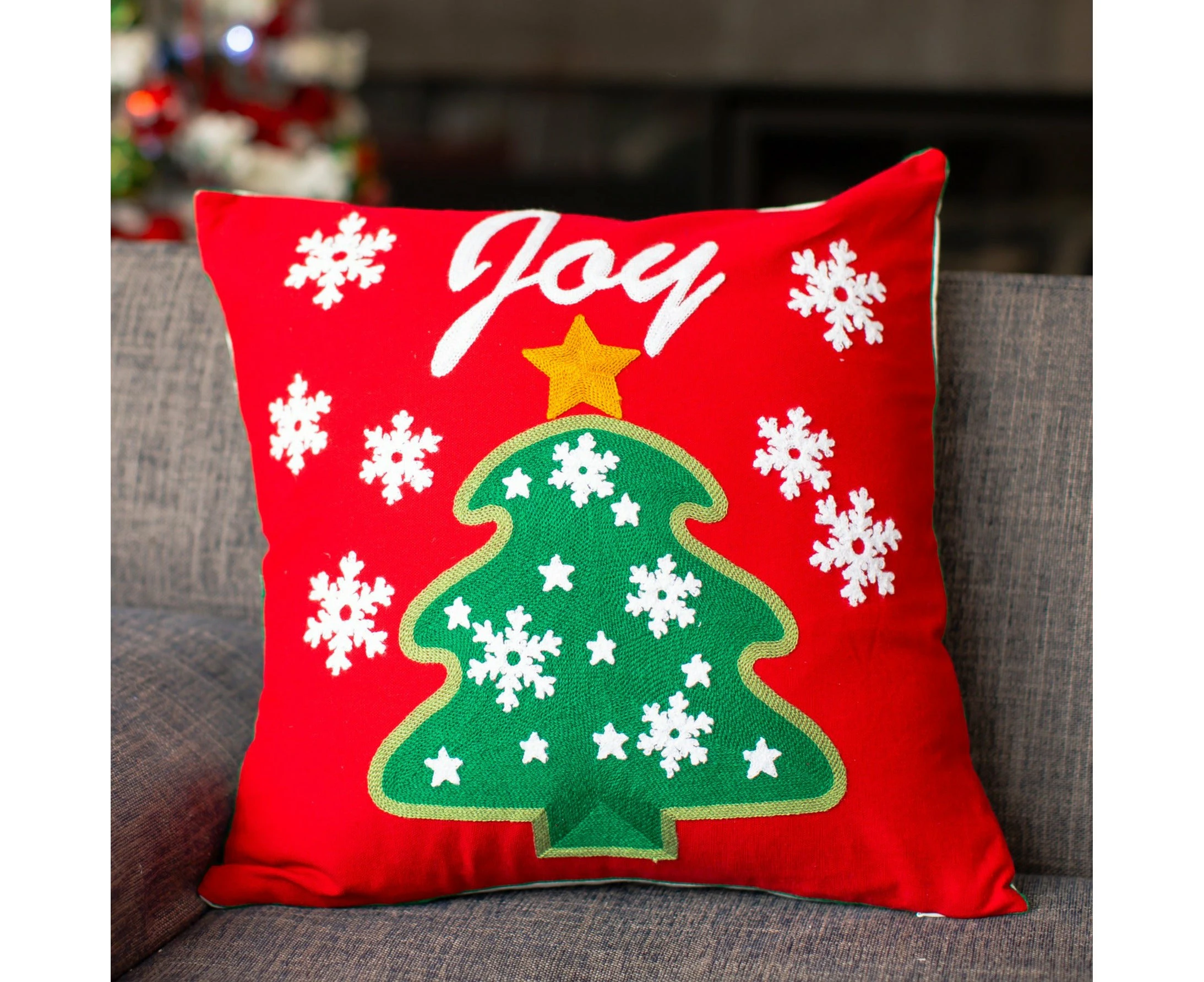 "Joy" red pillow cover