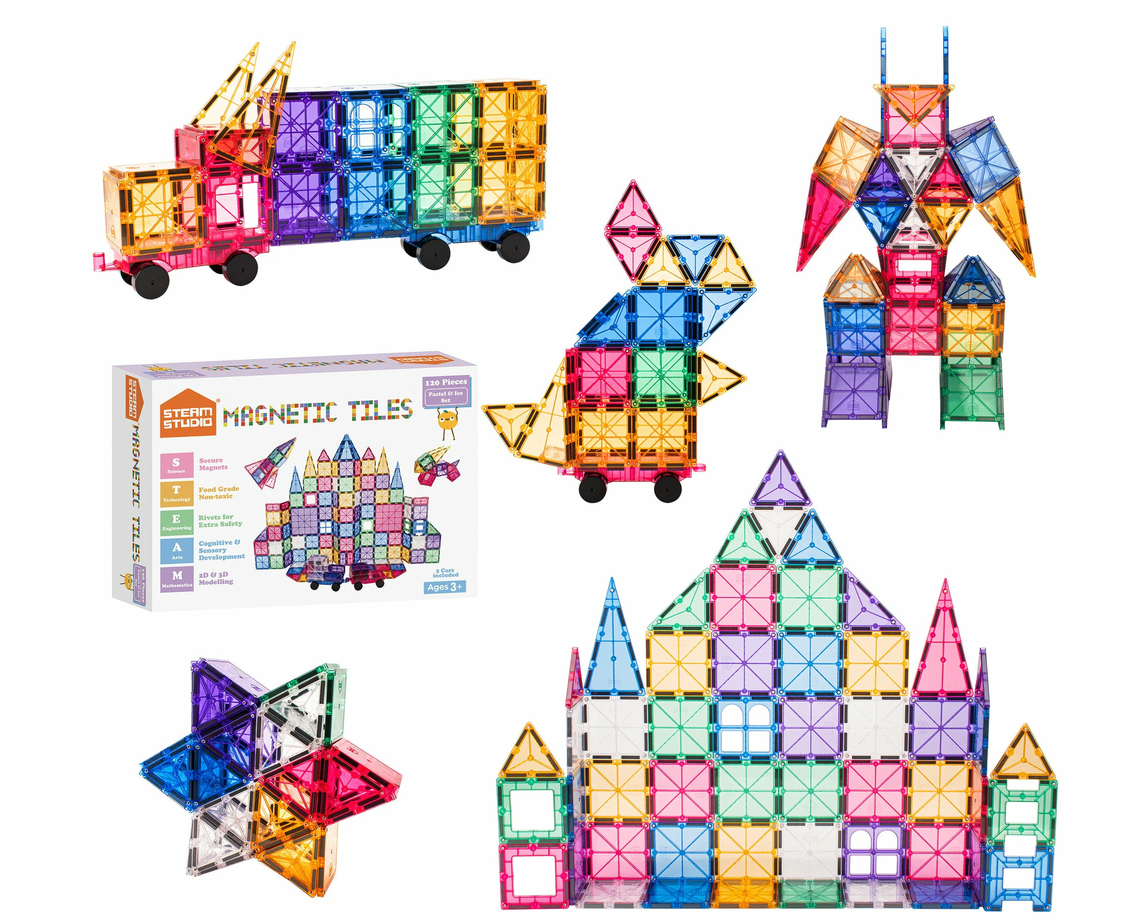 STEAM STUDIO Magnetic Tiles 120pcs PASTEL set, including 2 cars