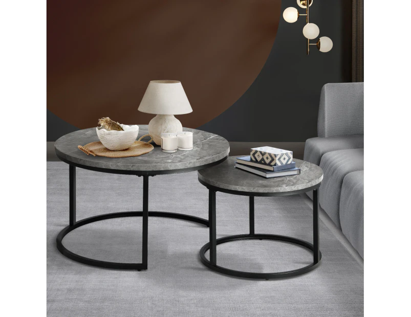 Oikiture Set of 2 Coffee Table Round Marble Nesting Side End Table Grey & Black