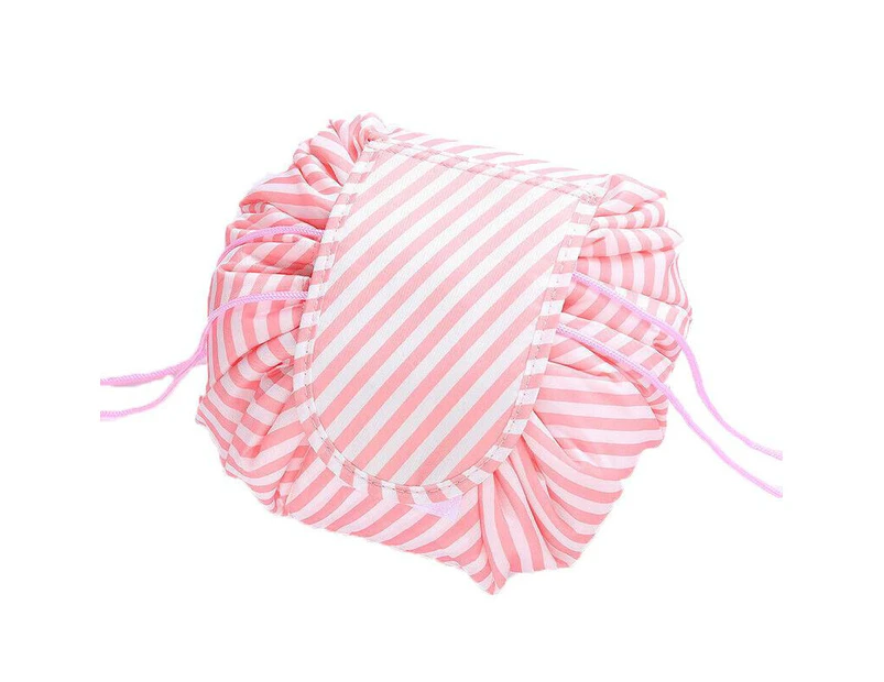 Lazy Cosmetic Bag Printing Drawstring Makeup Case Storage Bag Portable Travel Au - Pink White Strip