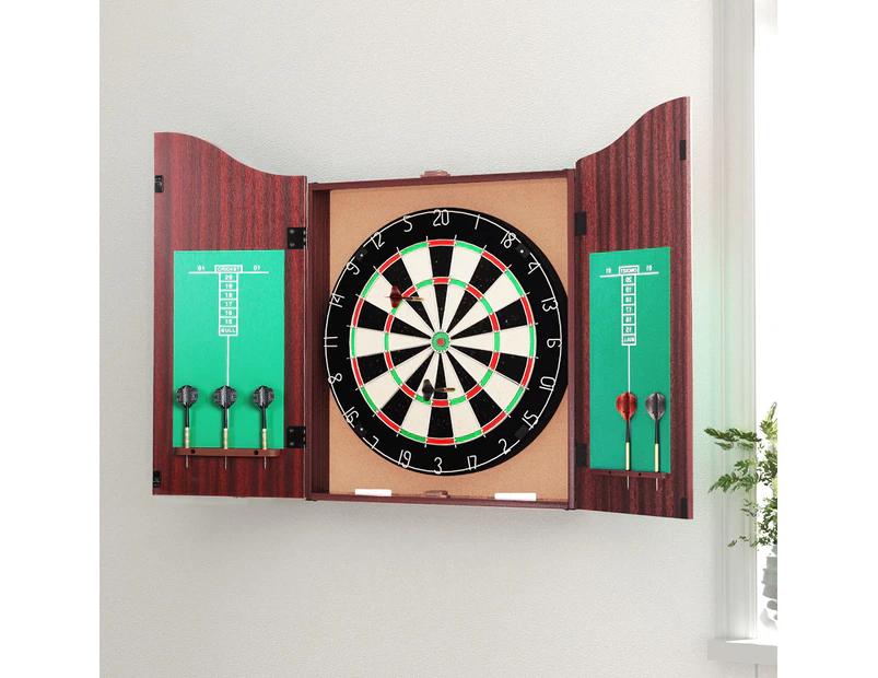 18" Dartboard Dart Board with Steel Darts Wooden Cabinet Party Game