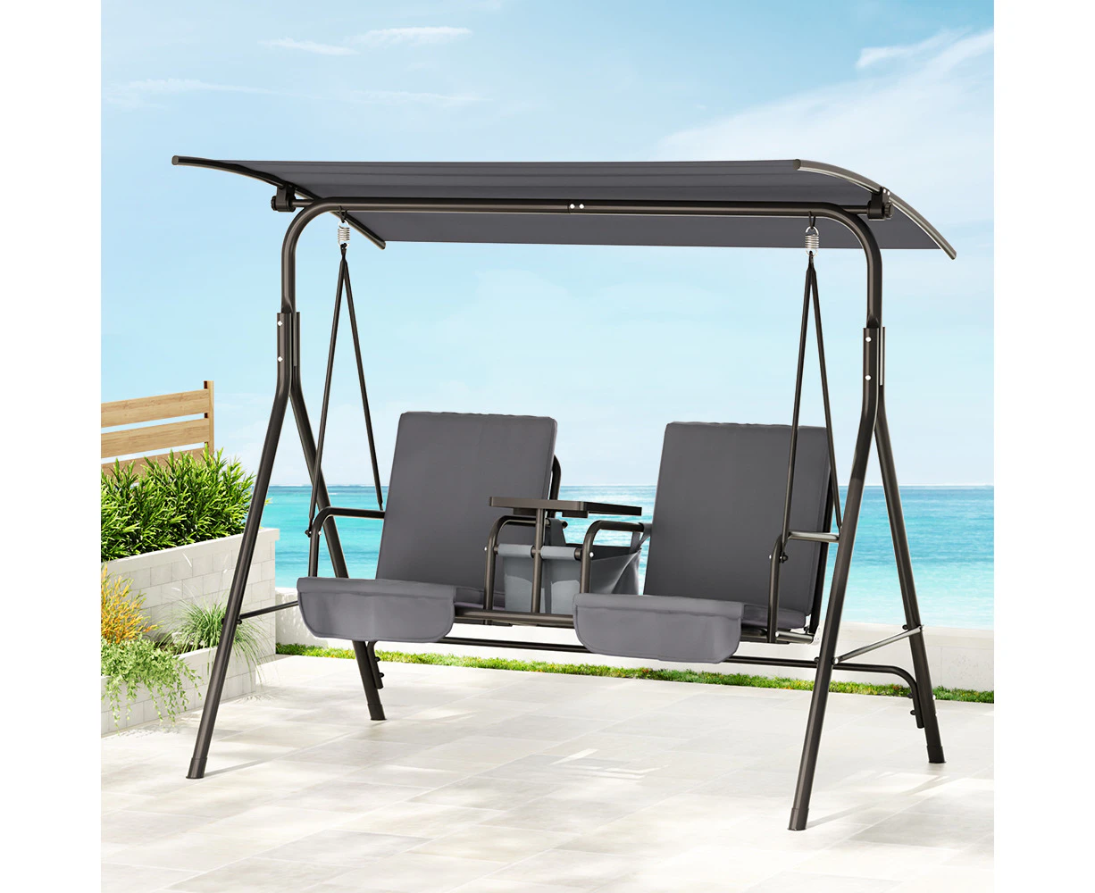 Gardeon Outdoor Swing Chair Garden Furniture Canopy Cup Holder 2 Seater Grey