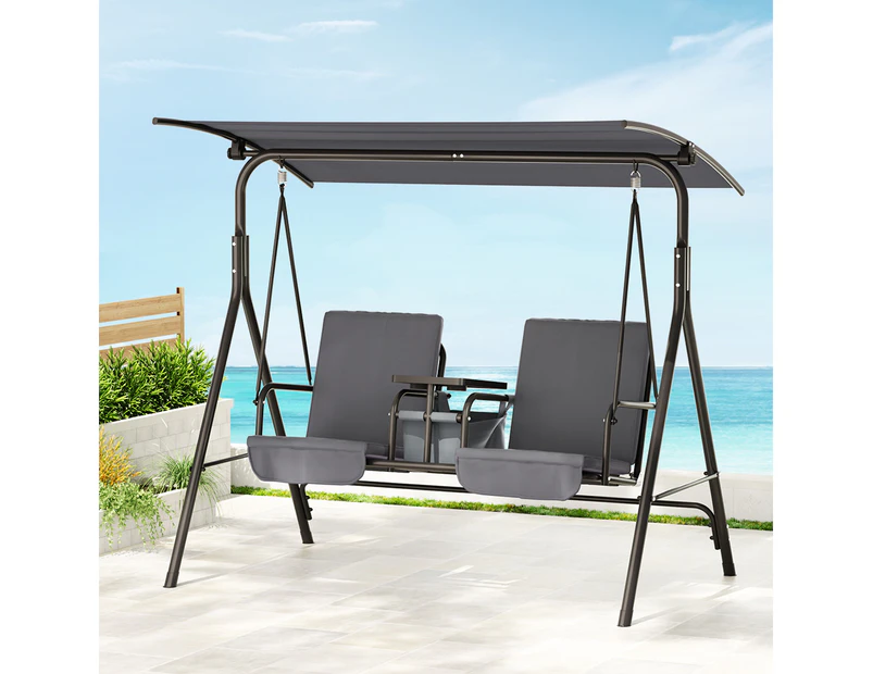 Gardeon Outdoor Swing Chair Garden Furniture Canopy Cup Holder 2 Seater Grey