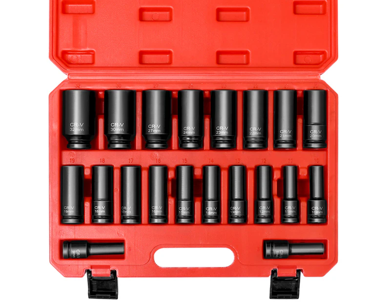 Advwin 20PCS 1/2" Drive Deep Impact Socket Set 8-32MM Cr-V Tool Set w/Case Metric