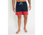 RIVERS - Mens -  Swim Microfibre Patch Pocket Colour Block Short - Navy Red Stripe