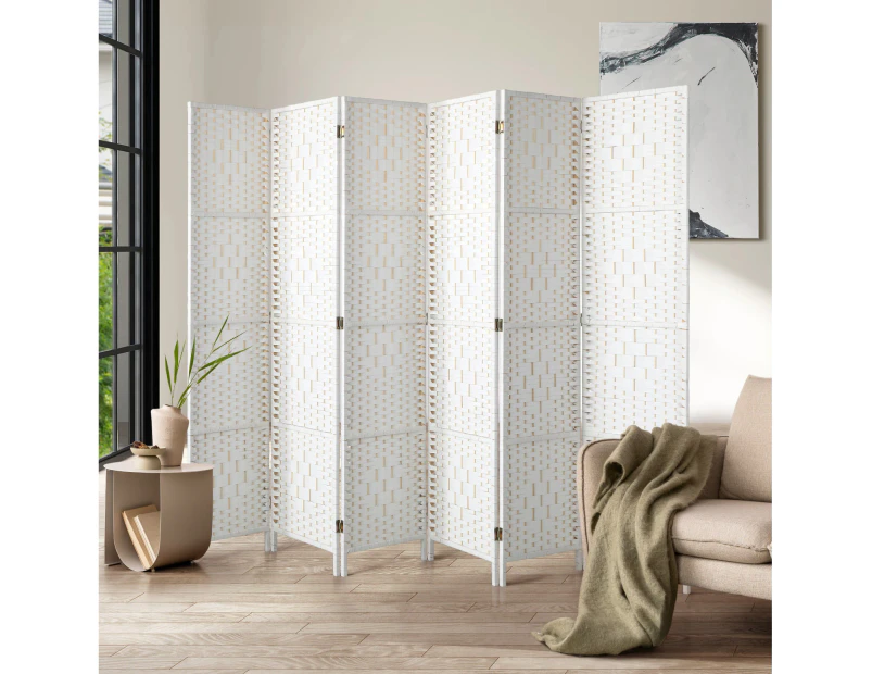 Oikiture 6 Panel Room Divider Screen Privacy Dividers Woven Wood Folding White - White